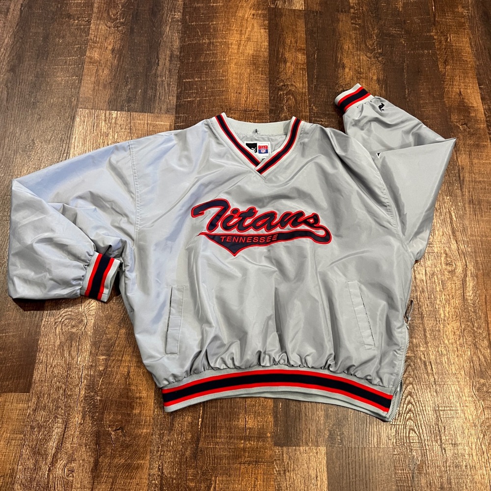 Vintage Puma Tennessee Titans NFL Windbreaker Jacket 2XL Silver V-Neck Pullover